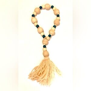 Natural and Teal Blue Wood Cream Yarn Tassel Rustic Farmhouse Decor Beads NWOT